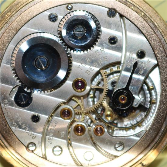 An 18ct gold Turler keyless lever pocket watch with Arabic dial and subsidiary seconds.